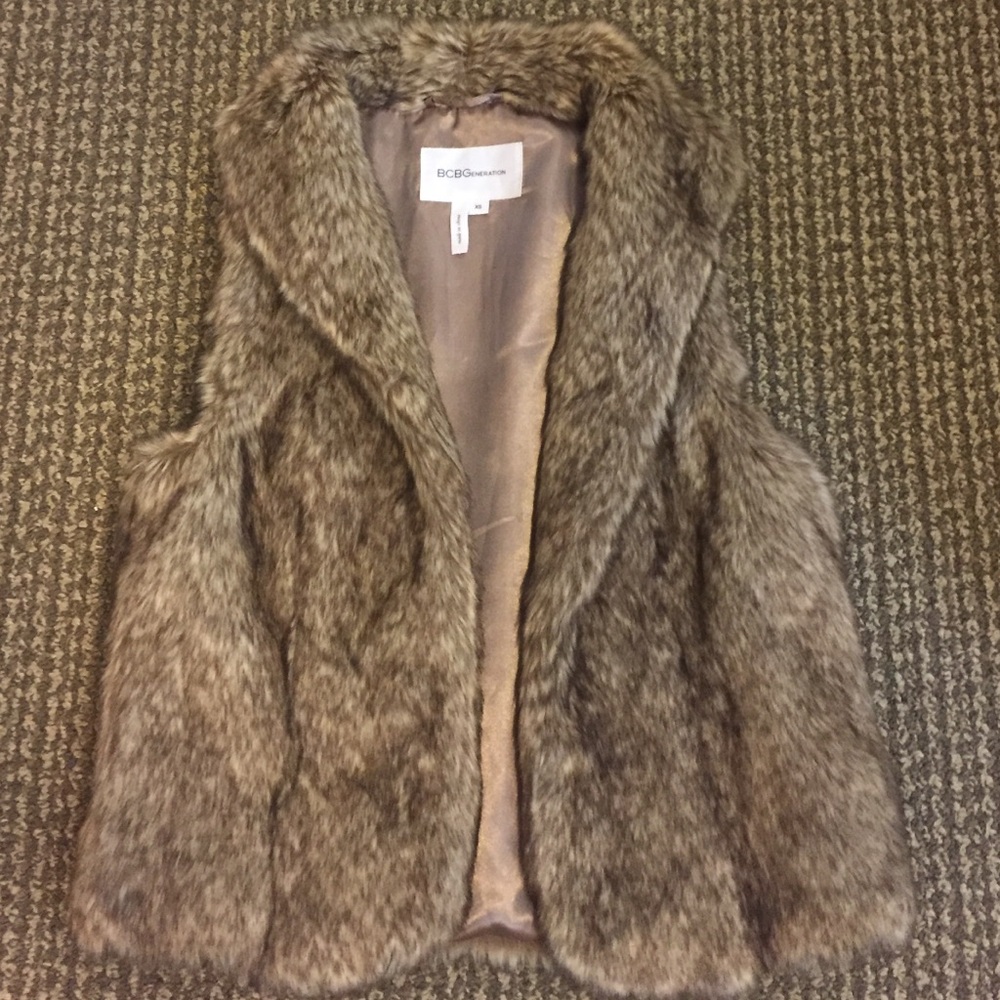 BCBGeneration Faux Fur Shawl Collar Vest in Taupe Brown
